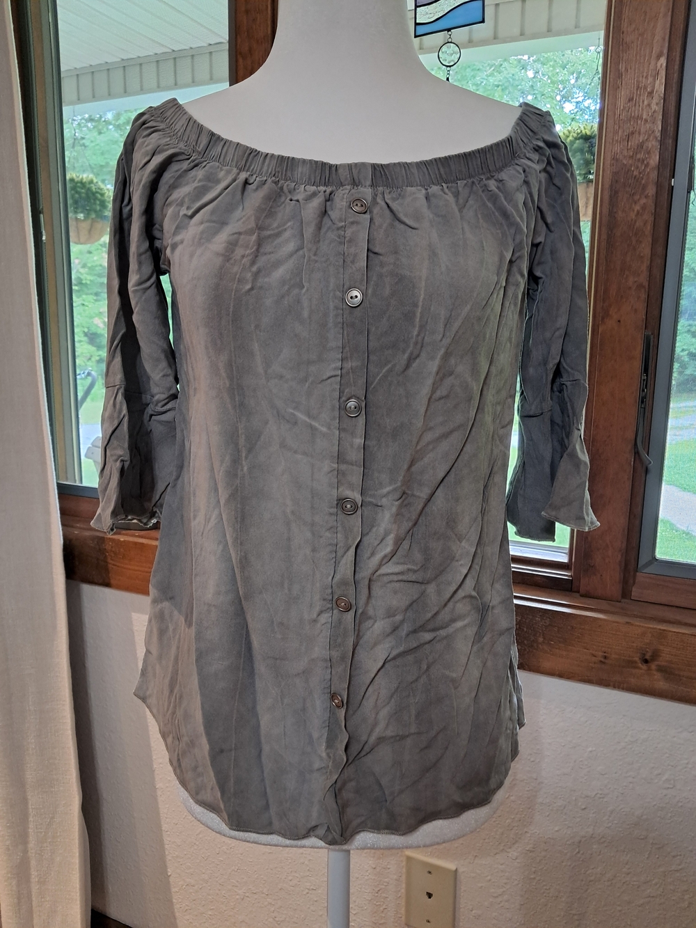 orange creek Off-Shoulder Button-Front Blouse in Earthy Gray-Green In Medium